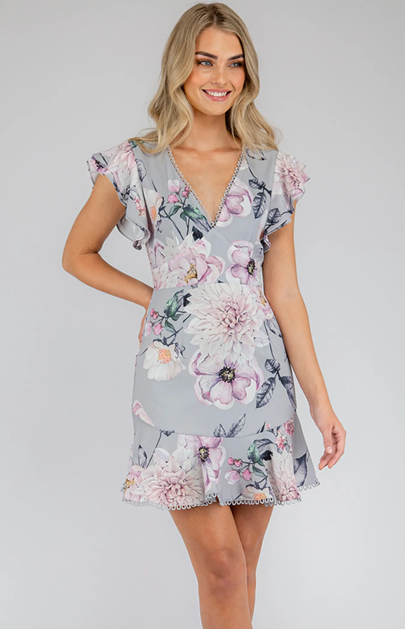 V-Neckline Trim Detail Floral Dress (SDR600A) 