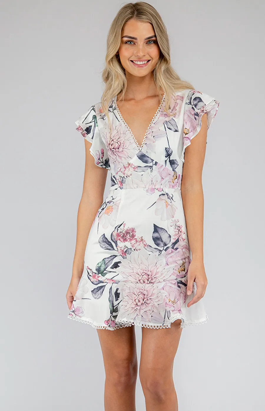 V-Neckline Trim Detail Floral Dress (SDR600A) 