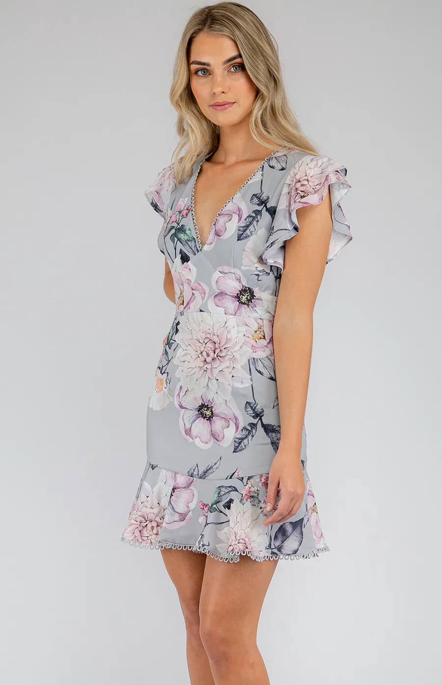 V-Neckline Trim Detail Floral Dress (SDR600A) 