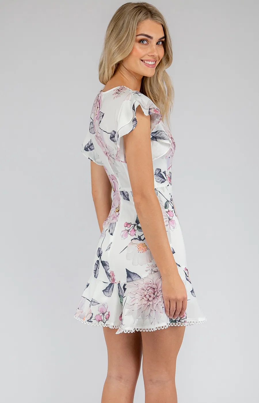 V-Neckline Trim Detail Floral Dress (SDR600A) 