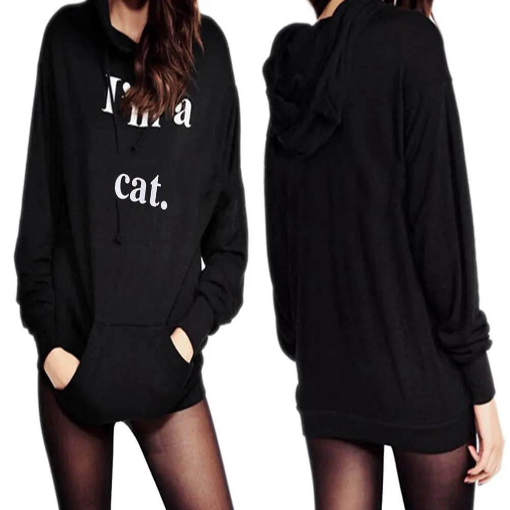 Women's Casual Black Letter Print I'm a Cat Pullover Sweatshirt Hoodie Tops SM6