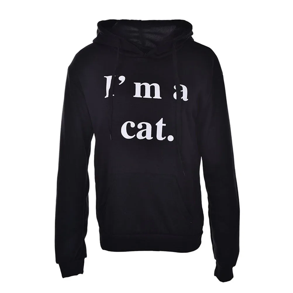 Women's Casual Black Letter Print I'm a Cat Pullover Sweatshirt Hoodie Tops SM6