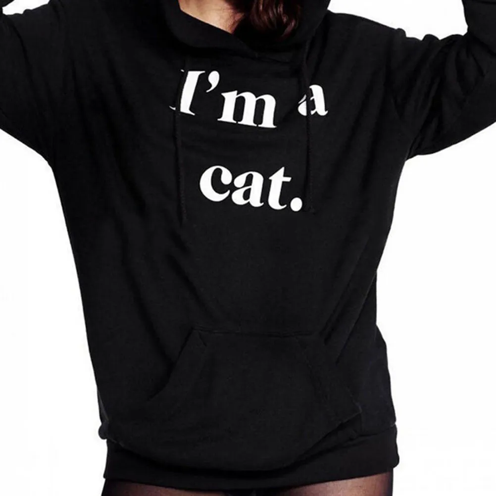 Women's Casual Black Letter Print I'm a Cat Pullover Sweatshirt Hoodie Tops SM6