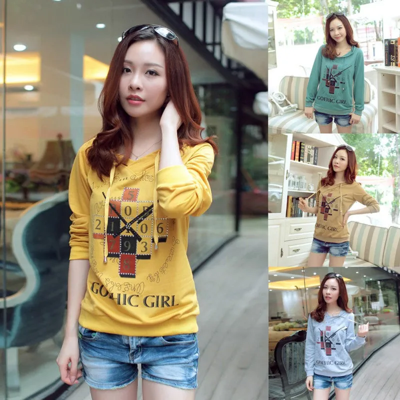 Women's Hoodie Clothing Pullover Jumper Clock Print Tops Shirt Blouse Sweatshirt SM6