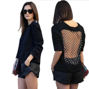 Women's Long Sleeve Mesh Panel Casual Loose Black Sweatshirts Pullovers SM6