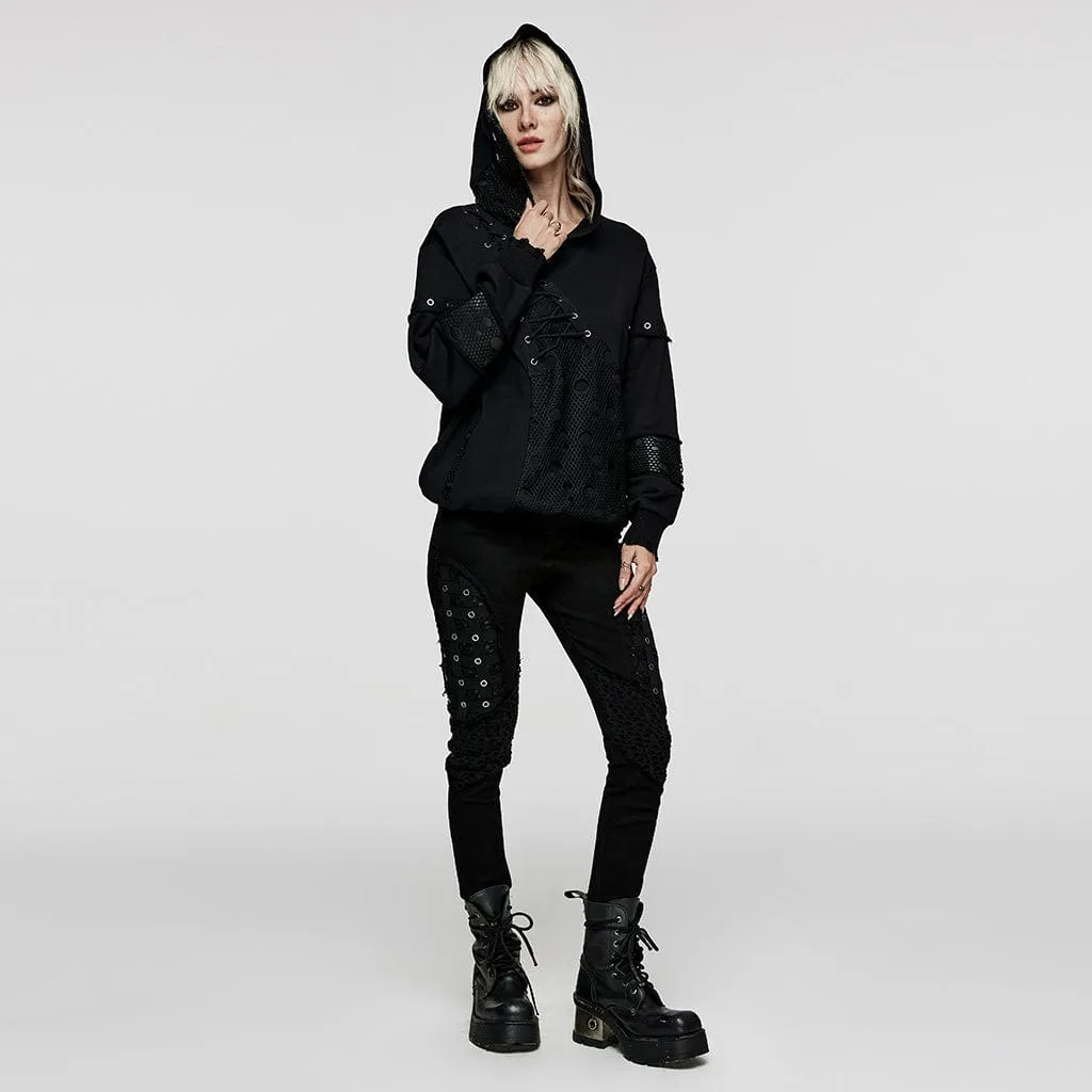 Women's Punk Mesh Splice Unedged Hoodies