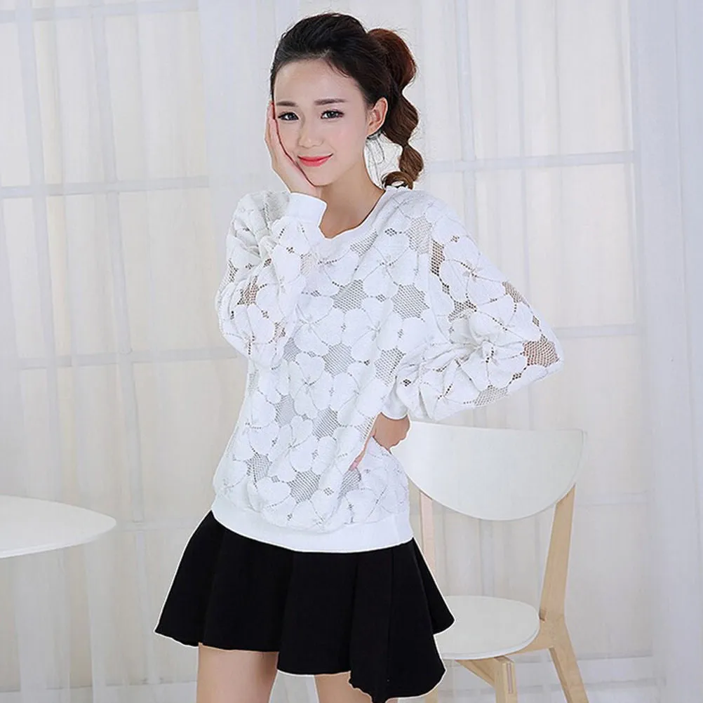 Women's small flower embroidery Hollow Out pullover sweatshirt Women thin Hoodies Black White color SM6