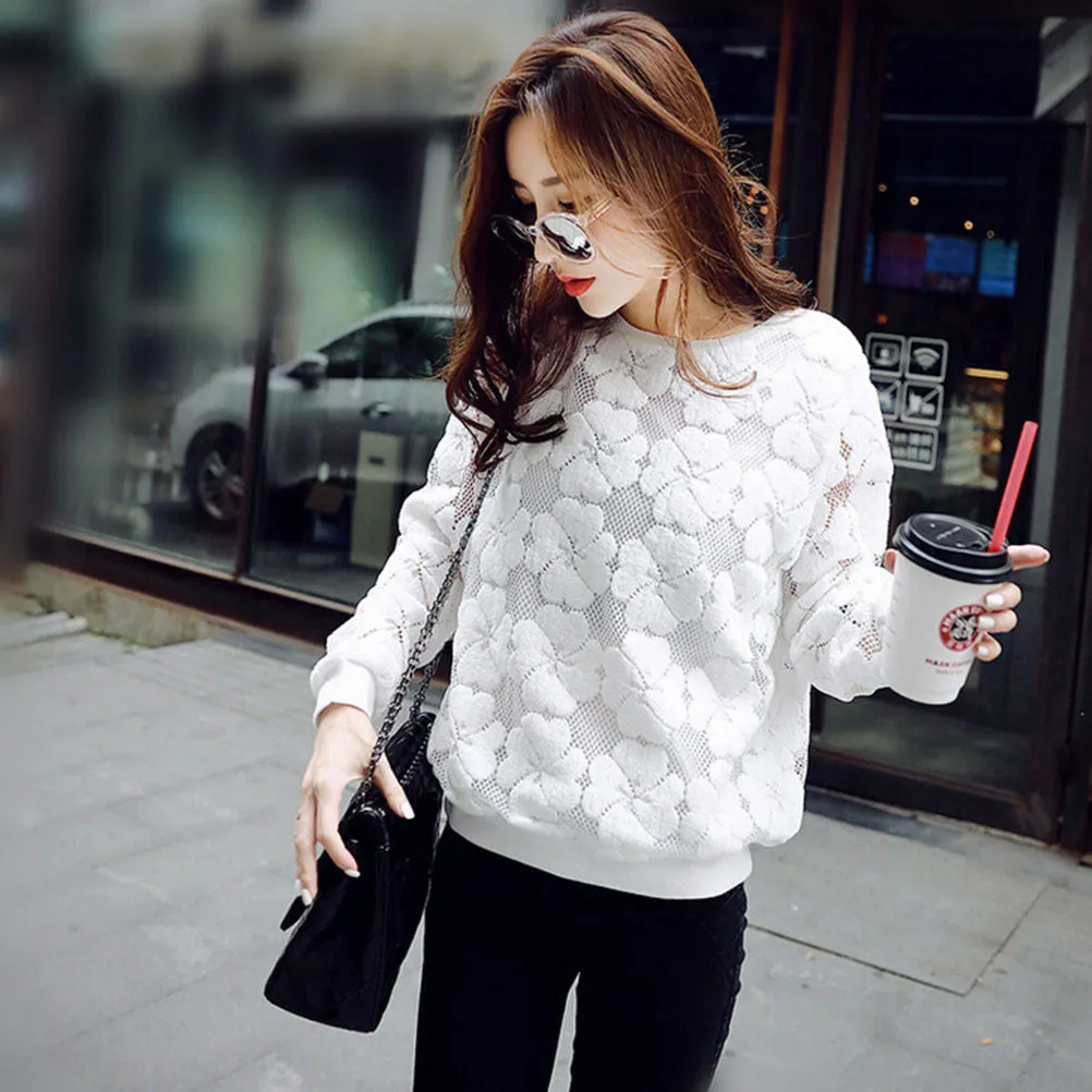 Women's small flower embroidery Hollow Out pullover sweatshirt Women thin Hoodies Black White color SM6