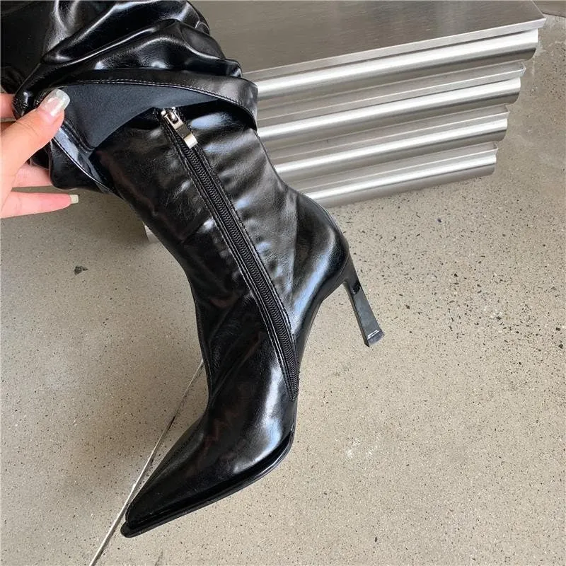 Women's Stylish Fold Over Boots, Fall Winter Spring Stiletto Heel Boots, Pointed Toe Black Leather Boots, Knee High Boots, Size 