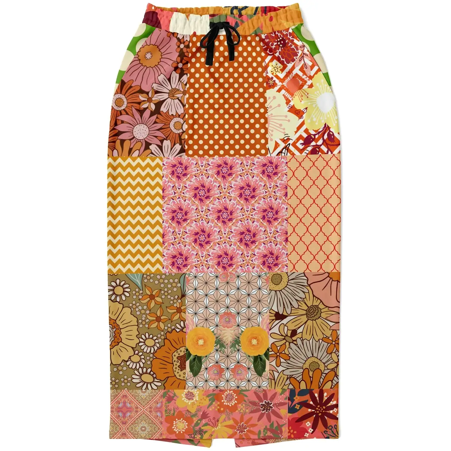 Yogananda Red Floral Patchwork Eco-Poly Long Pocket Skirt