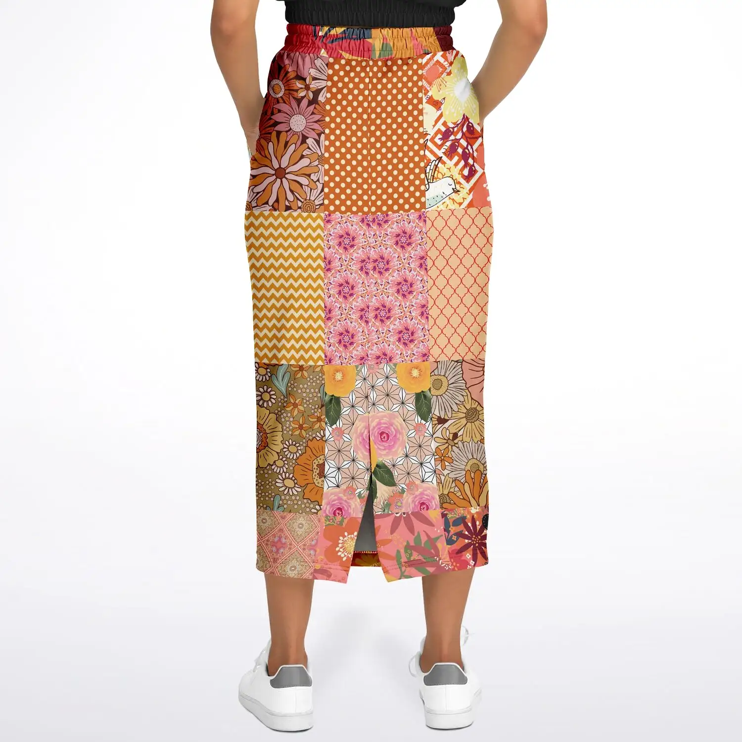 Yogananda Red Floral Patchwork Eco-Poly Long Pocket Skirt