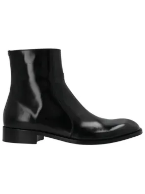 Zipper Calf Leather Ankle Boots Black